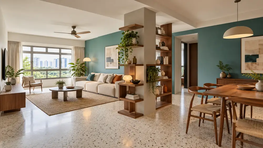 Concept illustration: HDB living dining space with prominent intact square column integrated into open bookcase, turquoise accent wall and light terrazzo floor, wide architectural view