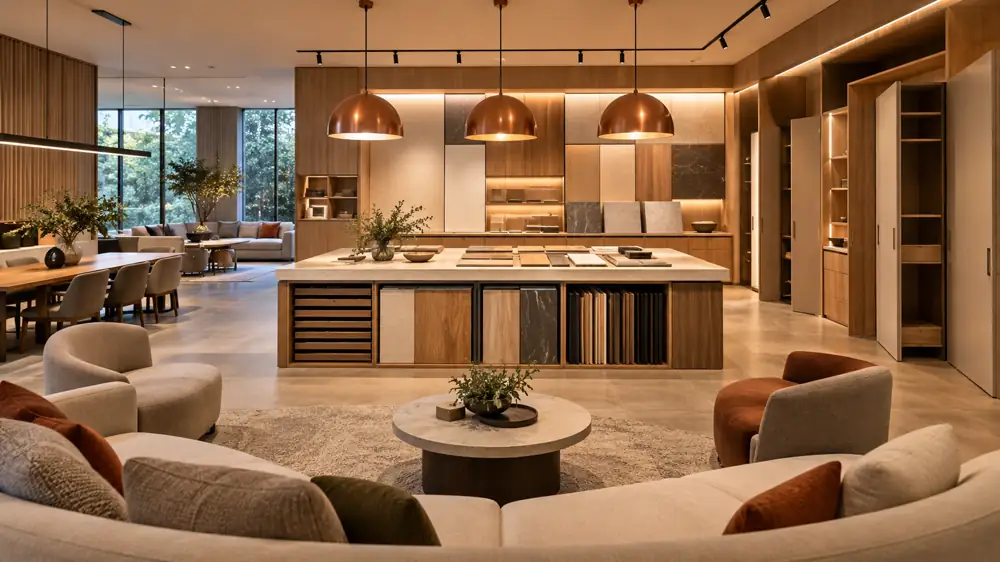 Concept illustration: Furniture and lighting showroom with central hands-on modular demonstration island, copper pendants, discreet empty equipment cupboards and clear audience semicircle, warm wide-angle shot