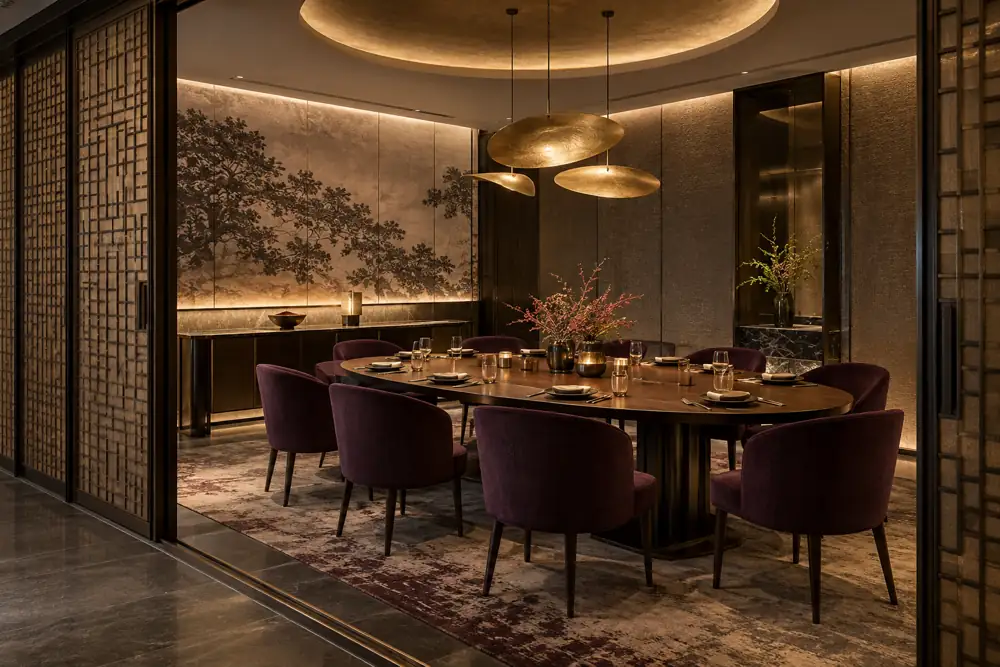 Concept illustration: Singapore restaurant private dining room with oval walnut table, plum chairs, sliding patterned partition and soft gold pendants, enclosed atmospheric wide view