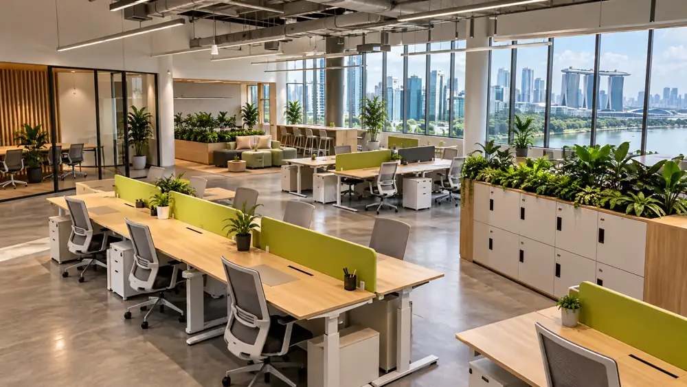 Concept illustration: Modern Singapore hot-desk office with varied adjustable desks, lime privacy screens, personal lockers and empty reset workstations, diagonal wide high ceiling view