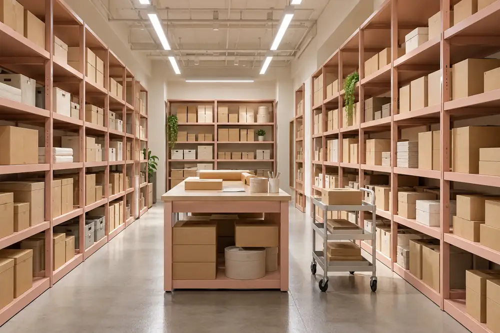 Concept illustration: Boutique stockroom with unmarked organised boxes, blush shelving, packing bench and clear trolley route, bright overhead lighting, symmetrical aisle view