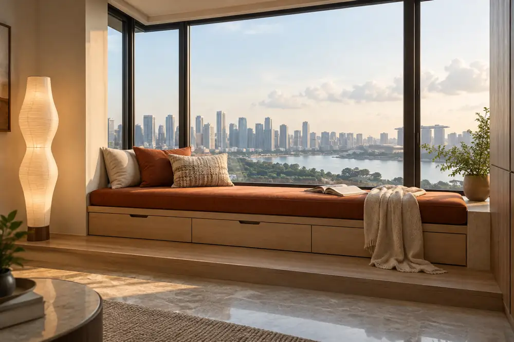 Concept illustration: Singapore condo bay window alcove with custom rust cushion, pull-out storage and distant skyline, sculptural floor lamp, close wide view of intact raised ledge
