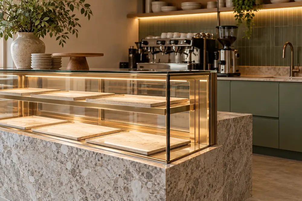 Concept illustration: Boutique cafe pastry display case with stone plinth, sage rear counter, blank pastry trays and warm lighting, close eye-level view of equipment junction