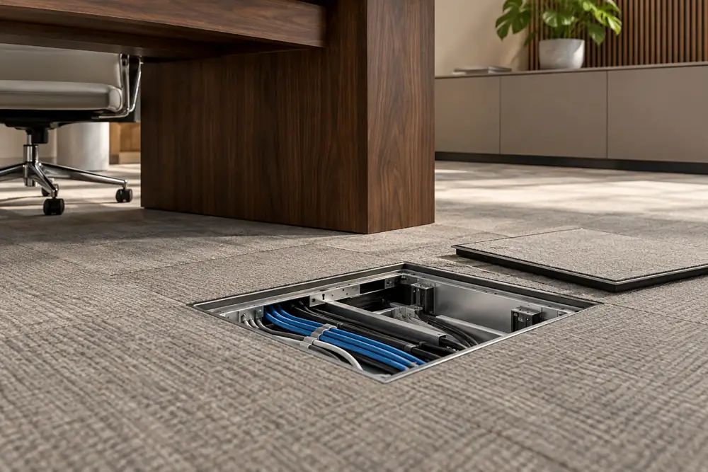 Concept illustration: Office installation detail with open floor service box and organised cable route beside walnut desk leg, neutral carpet tiles, close low perspective with blank covers