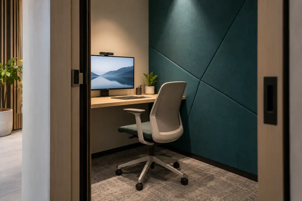 Concept illustration: Compact video call room with angled teal acoustic wall, small desk, camera screen without letters and soft frontal light, side view through open doorway