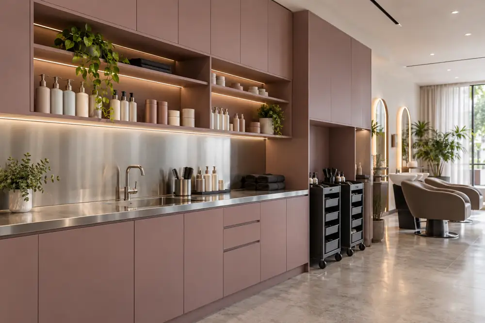 Concept illustration: Contemporary salon backbar with mauve cabinetry, stainless preparation bench, unlabelled sealed product containers and separate trolley bay, bright clean side perspective