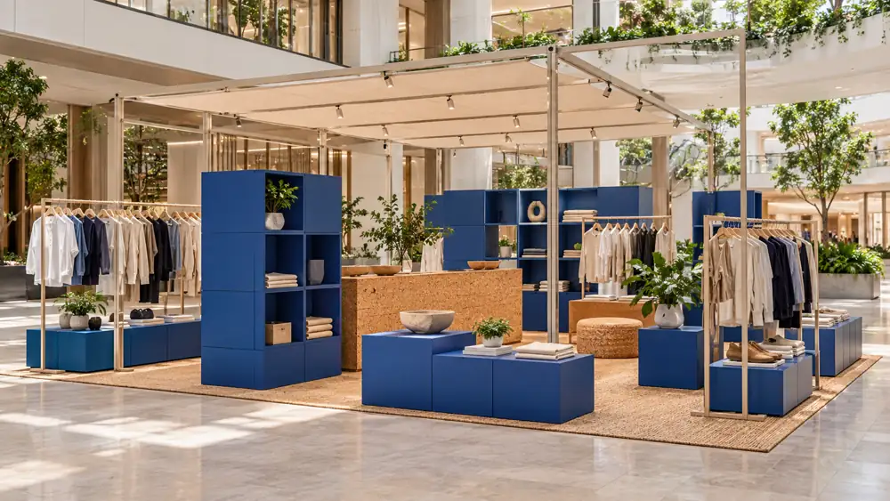 Concept illustration: Demountable pop-up shop inside airy mall atrium with cobalt modular display cubes, cork counter and freestanding rails, no brands or signage, wide three-quarter view